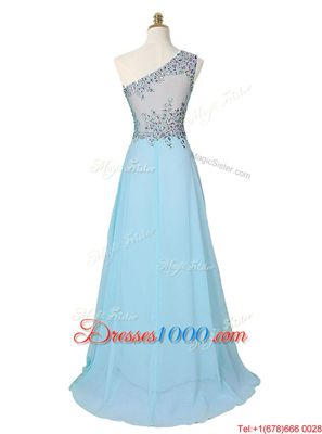 With Train Aqua Blue Homecoming Dress One Shoulder Sleeveless Brush Train Side Zipper