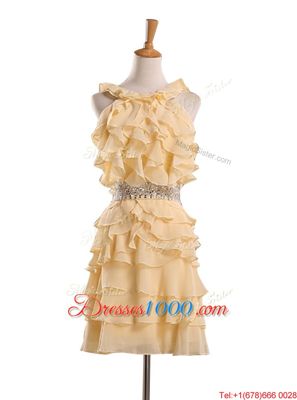 Admirable Gold Chiffon Zipper Halter Top Sleeveless Knee Length Prom Evening Gown Beading and Ruffles