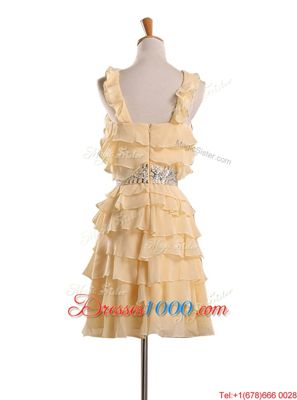 Admirable Gold Chiffon Zipper Halter Top Sleeveless Knee Length Prom Evening Gown Beading and Ruffles