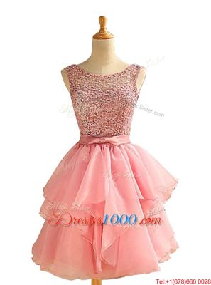Custom Designed Scoop Sleeveless Knee Length Lace and Ruching Lace Up Prom Evening Gown with Pink