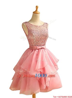 Custom Designed Scoop Sleeveless Knee Length Lace and Ruching Lace Up Prom Evening Gown with Pink