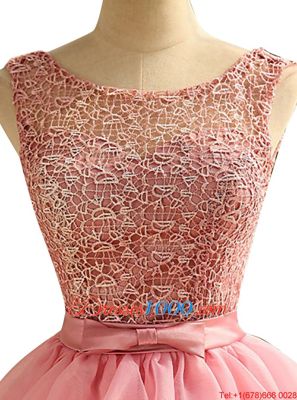 Custom Designed Scoop Sleeveless Knee Length Lace and Ruching Lace Up Prom Evening Gown with Pink