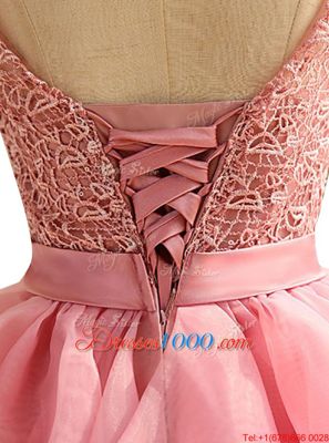 Custom Designed Scoop Sleeveless Knee Length Lace and Ruching Lace Up Prom Evening Gown with Pink