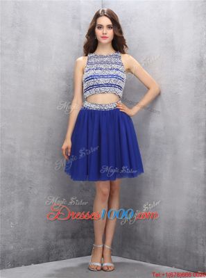 A-line Evening Dress Royal Blue Scoop Organza Sleeveless Knee Length Backless
