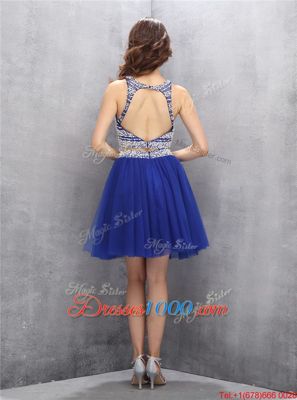 A-line Evening Dress Royal Blue Scoop Organza Sleeveless Knee Length Backless