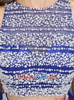 A-line Evening Dress Royal Blue Scoop Organza Sleeveless Knee Length Backless
