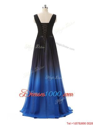 Blue And Black A-line Chiffon and Tulle V-neck Sleeveless Belt Floor Length Zipper