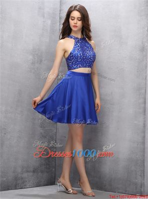 Exquisite Halter Top Royal Blue Sleeveless Mini Length Beading Zipper Evening Dress