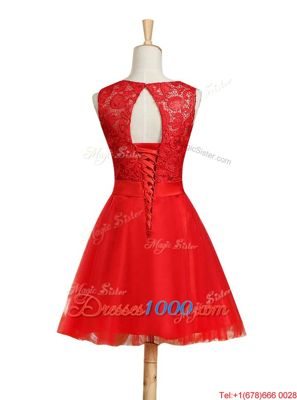 Scoop Red Sleeveless Tulle Lace Up Homecoming Dress for Prom