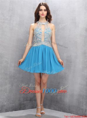 Best Selling Halter Top Baby Blue A-line Beading and Bowknot Prom Dresses Zipper Chiffon Sleeveless Mini Length