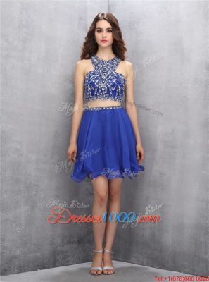 Custom Fit Royal Blue A-line Chiffon Scoop Sleeveless Beading Knee Length Criss Cross Evening Dress