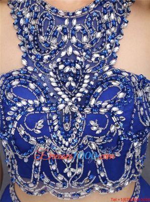 Custom Fit Royal Blue A-line Chiffon Scoop Sleeveless Beading Knee Length Criss Cross Evening Dress