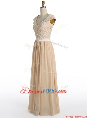 Modest Champagne Cap Sleeves Chiffon Side Zipper Homecoming Dress for Prom and Party