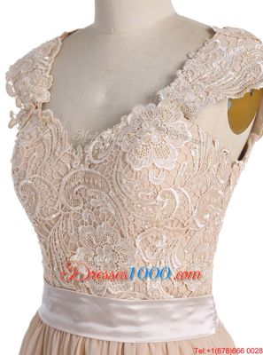 Modest Champagne Cap Sleeves Chiffon Side Zipper Homecoming Dress for Prom and Party