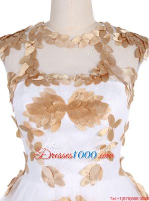 Lace White Prom Gown Prom and Party and For with Appliques Scoop Sleeveless Zipper