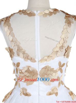 Lace White Prom Gown Prom and Party and For with Appliques Scoop Sleeveless Zipper