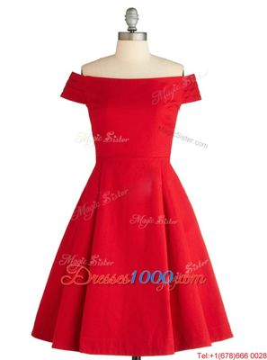 Red Off The Shoulder Neckline Ruching Womens Party Dresses Sleeveless Zipper