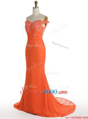 Noble Mermaid Off the Shoulder Orange Zipper Prom Evening Gown Lace Sleeveless With Train Sweep Train