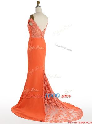 Noble Mermaid Off the Shoulder Orange Zipper Prom Evening Gown Lace Sleeveless With Train Sweep Train
