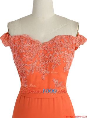 Noble Mermaid Off the Shoulder Orange Zipper Prom Evening Gown Lace Sleeveless With Train Sweep Train