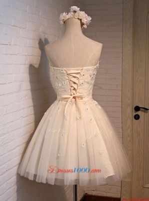Popular Mini Length Lace Up Prom Dresses Champagne and In for Prom with Appliques