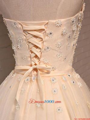 Popular Mini Length Lace Up Prom Dresses Champagne and In for Prom with Appliques