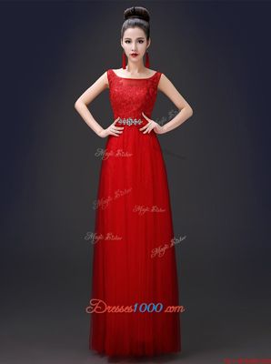 Customized Scoop Floor Length A-line Sleeveless Red Prom Dresses Zipper
