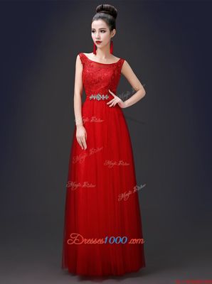 Customized Scoop Floor Length A-line Sleeveless Red Prom Dresses Zipper