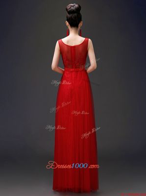 Customized Scoop Floor Length A-line Sleeveless Red Prom Dresses Zipper