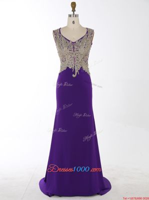 Mermaid Sleeveless Brush Train Zipper With Train Beading and Appliques Prom Gown