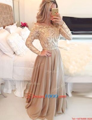 Scoop Long Sleeves Chiffon Floor Length Zipper Prom Evening Gown in Brown for with Beading and Lace