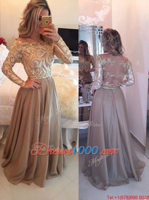 Scoop Long Sleeves Chiffon Floor Length Zipper Prom Evening Gown in Brown for with Beading and Lace