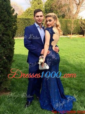 Captivating Mermaid Navy Blue Evening Dress Prom and Party and For with Lace V-neck Cap Sleeves Backless
