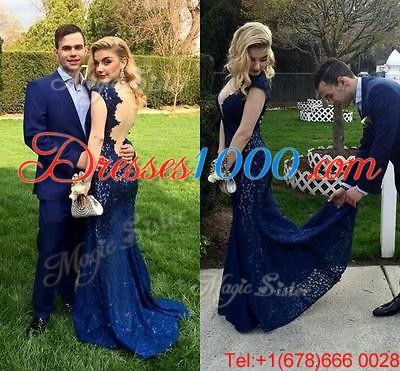 Captivating Mermaid Navy Blue Evening Dress Prom and Party and For with Lace V-neck Cap Sleeves Backless
