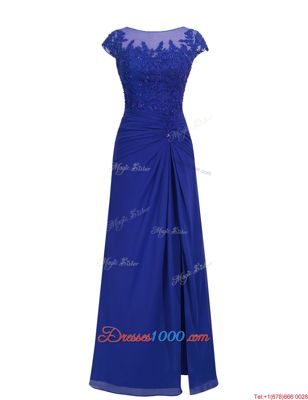 Stunning Scoop Floor Length Royal Blue Homecoming Dress Chiffon Cap Sleeves Appliques