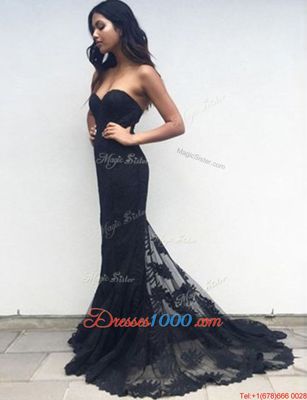 Dramatic Mermaid With Train Black Dress for Prom Lace Brush Train Sleeveless Appliques