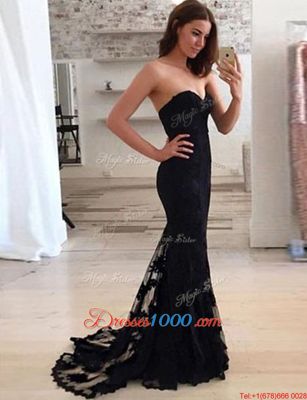 Dramatic Mermaid With Train Black Dress for Prom Lace Brush Train Sleeveless Appliques