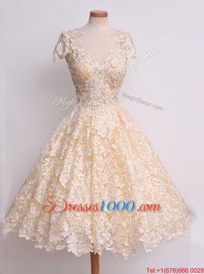 Romantic Peach Cap Sleeves Lace Zipper Dress for Prom for Prom and Party