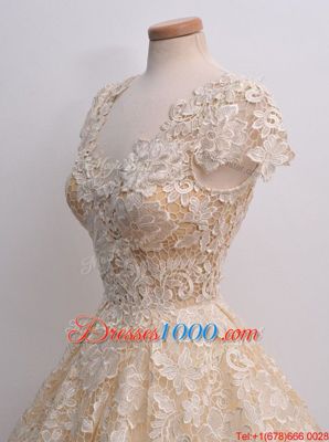 Romantic Peach Cap Sleeves Lace Zipper Dress for Prom for Prom and Party