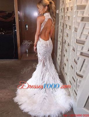 Noble Mermaid White Homecoming Gowns High-neck Sleeveless Court Train Backless