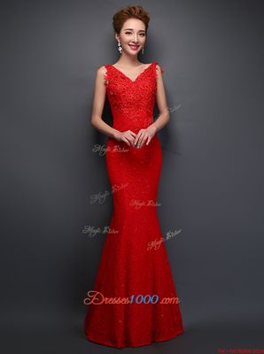 Mermaid Sleeveless Floor Length Beading and Appliques Lace Up Evening Dress with Red