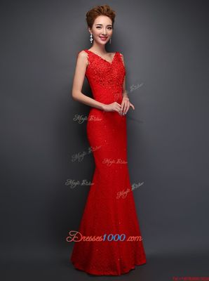 Mermaid Sleeveless Floor Length Beading and Appliques Lace Up Evening Dress with Red