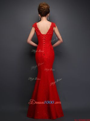 Mermaid Sleeveless Floor Length Beading and Appliques Lace Up Evening Dress with Red