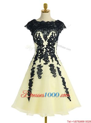 Dynamic Light Yellow Prom Dresses Prom and Party and For with Appliques Scalloped Cap Sleeves Zipper