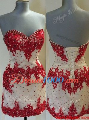 Column/Sheath Cocktail Dress White And Red Sweetheart Lace Sleeveless Mini Length Lace Up