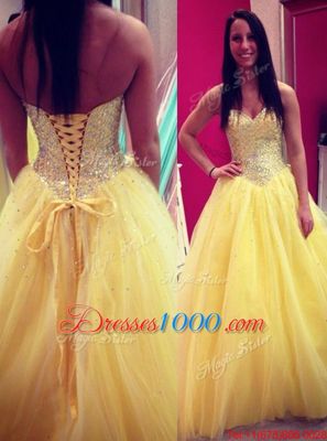 Yellow A-line Sweetheart Sleeveless Chiffon Floor Length Lace Up Sequins Going Out Dresses