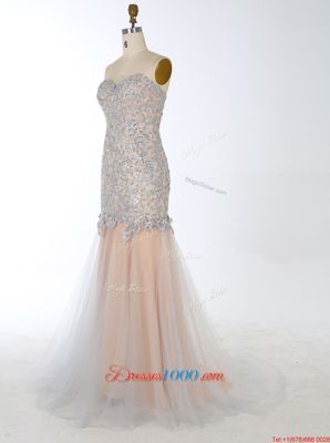 Champagne Mermaid Beading Zipper Satin Sleeveless With Train