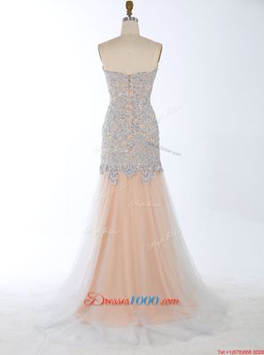 Champagne Mermaid Beading Zipper Satin Sleeveless With Train