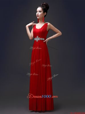 Custom Designed Red Chiffon Zipper Square Sleeveless Floor Length Beading