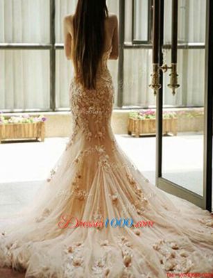 Mermaid Sweetheart Sleeveless Tulle Dress for Prom Appliques Chapel Train Zipper